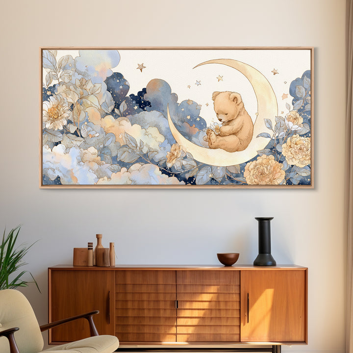 Baby Bear Floating on a Crescent Moon Canvas Print, Nursery Art, Printable Wall Art, Nursery Decor, Watercolor Art, Nursery, NUR-2x1-74