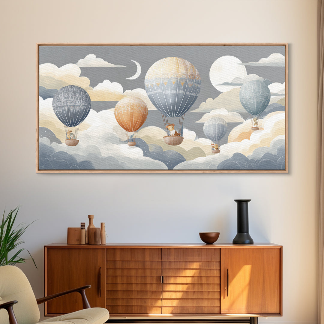 Floating Hot Air Balloon Framed Canvas Print, Nursery Art, Butterfly Wall Art, Nursery Decor, Nursery, Woodland Nursery Art, NUR-2x1-80