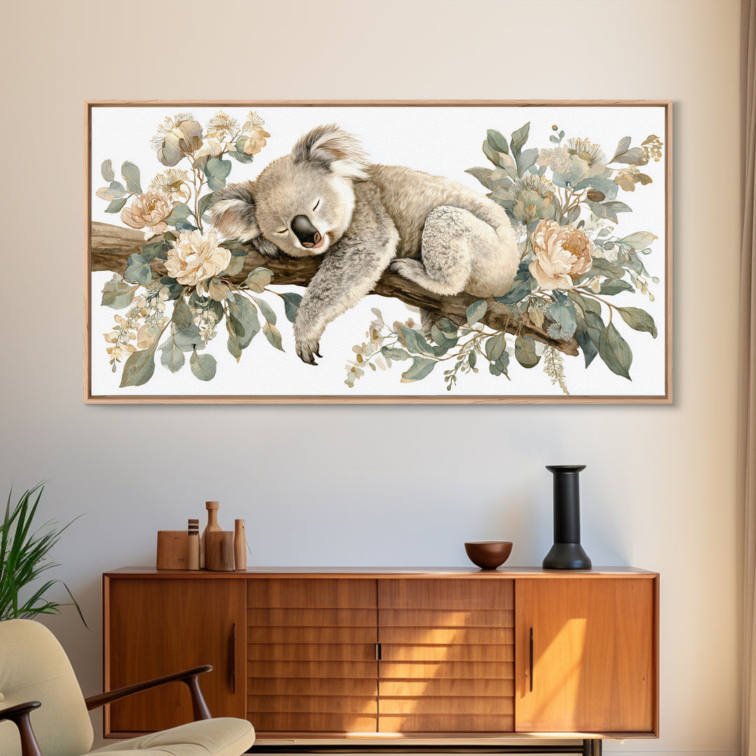 Sleeping Koala on Eucalyptus Branch Framed Canvas Print, Nursery Art, Nursery, Nursery Decor, Nursery, Playroom Wall Decor, NUR-2x1-81