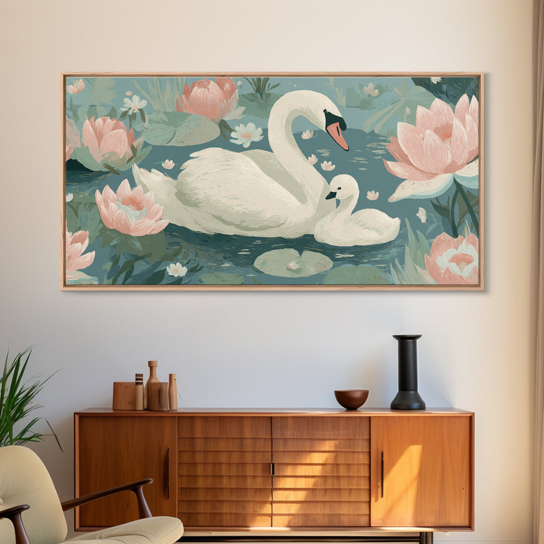 Swan and Cygnet Framed Canvas Print, Nursery Art, Digital Download Art, Nursery Decor, Fine Art, Nursery, Whimsical Wall Art, NUR-2x1-84