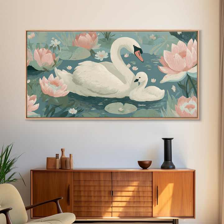 Swan and Cygnet Framed Canvas Print, Nursery Art, Digital Download Art, Nursery Decor, Fine Art, Nursery, Whimsical Wall Art, NUR-2x1-84
