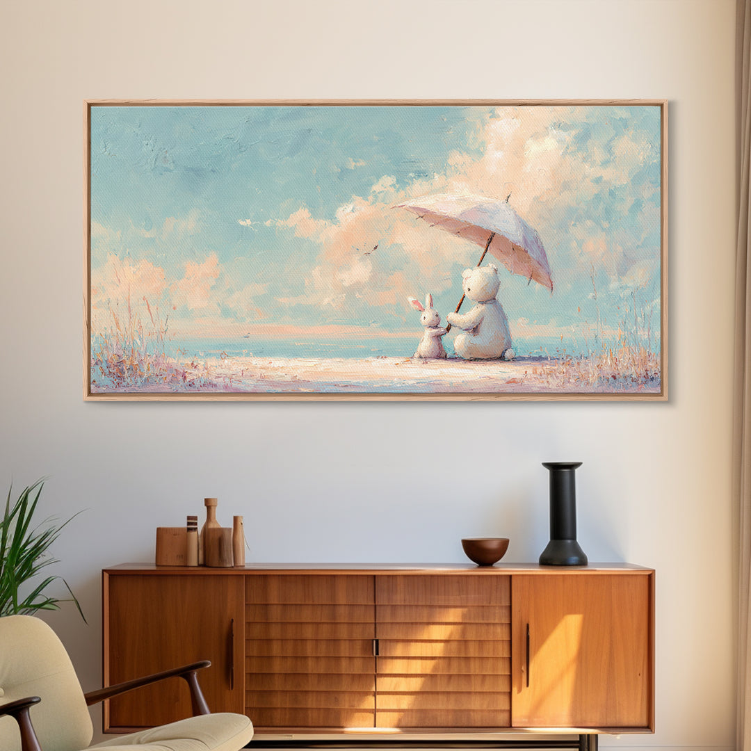 Bear and Rabbit Sharing Umbrella Framed Canvas Print, Nursery Art, Wall Art Print, Nursery Decor, Nursery, Baby Girl Nursery, NUR-2x1-85