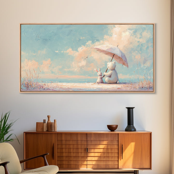 Bear and Rabbit Sharing Umbrella Framed Canvas Print, Nursery Art, Wall Art Print, Nursery Decor, Nursery, Baby Girl Nursery, NUR-2x1-85