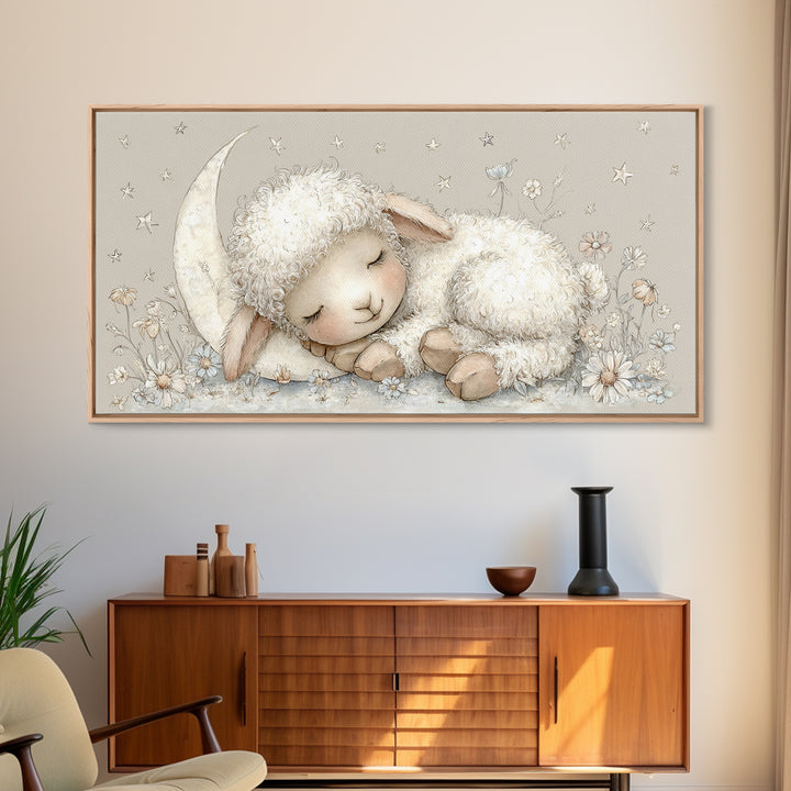 Little Lamb under a Starry Sky Framed Canvas Print, Nursery Art, Playroom Wall Decor, Nursery Decor, Fine Art, Nursery, NUR-2x1-87