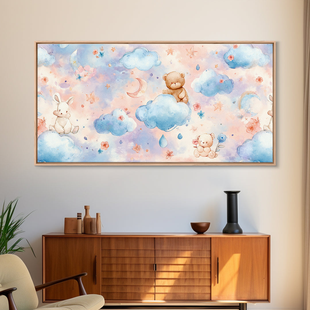 Clouds and Raindrops Framed Canvas Print, Nursery Art, Art Print, Nursery Decor, Oil Painting, Nursery 190, Wall Art Set of, NUR-2x1-90