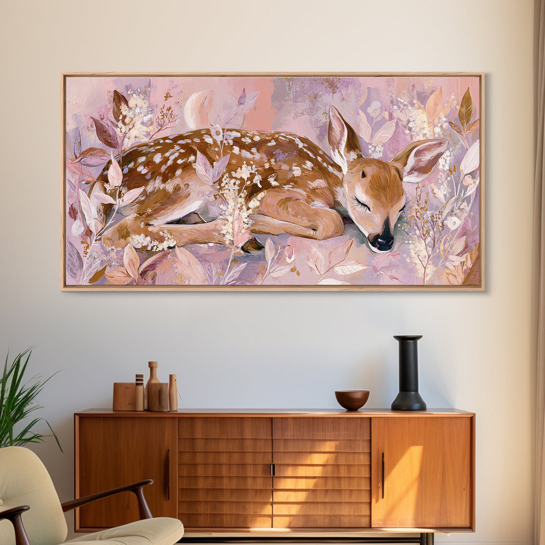 Deer Fawn Sleeping Framed Canvas Print, Nursery Art, Nursery Wall Art, Nursery Decor, Fine Art, Nursery, Woodland Nursery, NUR-2x1-91