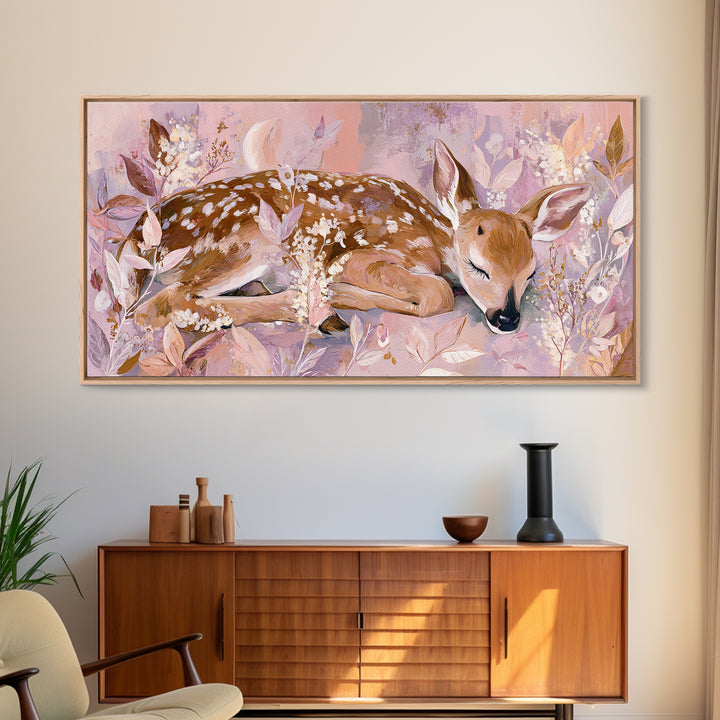 Deer Fawn Sleeping Framed Canvas Print, Nursery Art, Nursery Wall Art, Nursery Decor, Fine Art, Nursery, Woodland Nursery, NUR-2x1-91