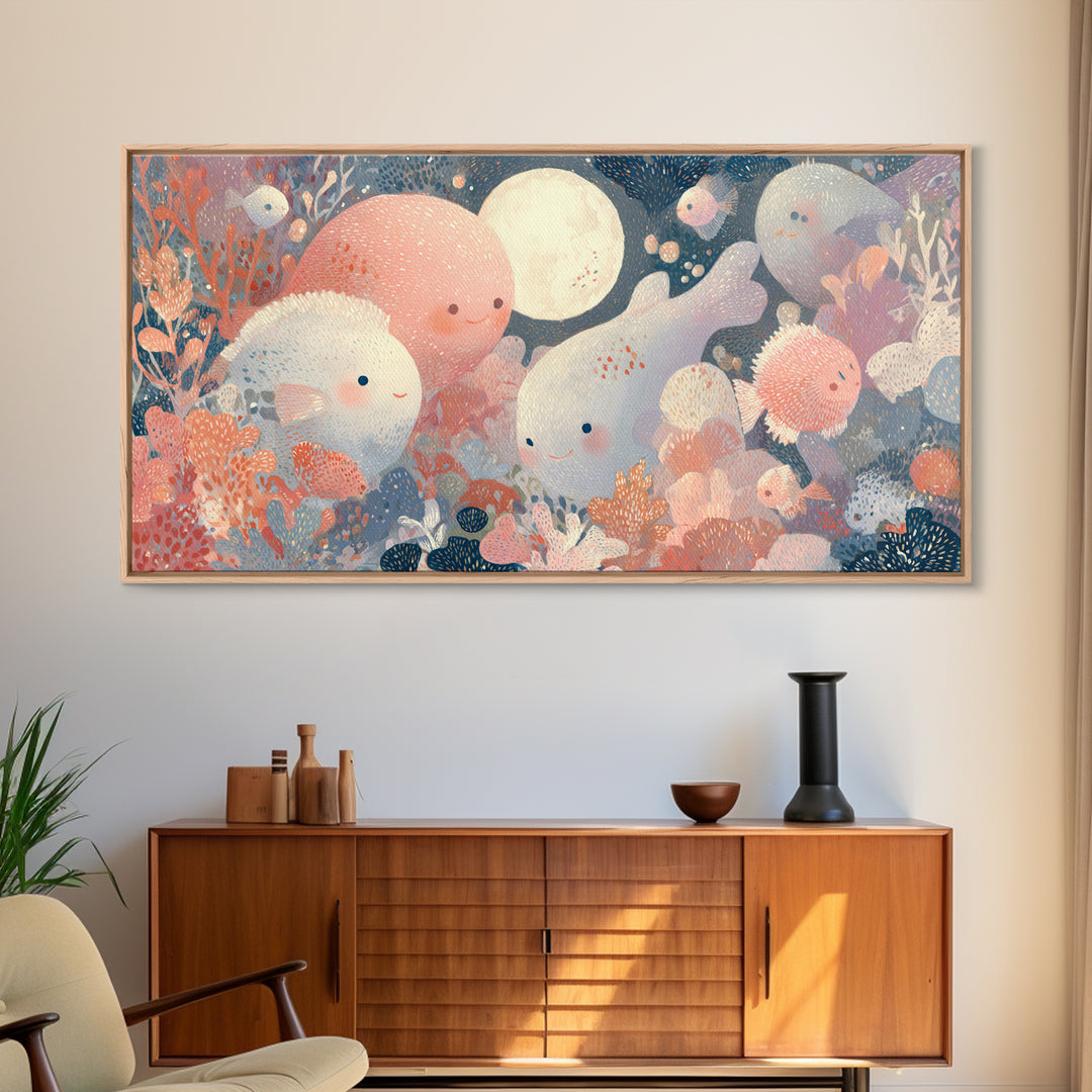 Friendly Ocean Creatures Framed Canvas Print, Nursery Art, Playroom Decor, Nursery Decor, Fine Art, Nursery, Kids Room Wall Art, NUR-2x1-92