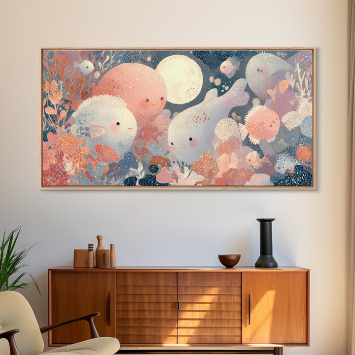 Friendly Ocean Creatures Framed Canvas Print, Nursery Art, Playroom Decor, Nursery Decor, Fine Art, Nursery, Kids Room Wall Art, NUR-2x1-92