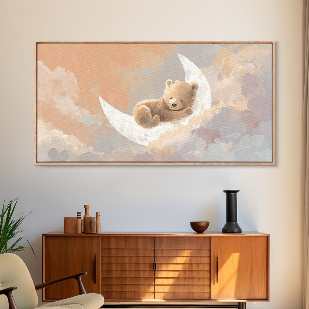 Baby Bear Floating on a Crescent Moon Canvas Print, Nursery Art, Printable Wall Art, Nursery Decor, Watercolor Art, Nursery, NUR-2x1-98
