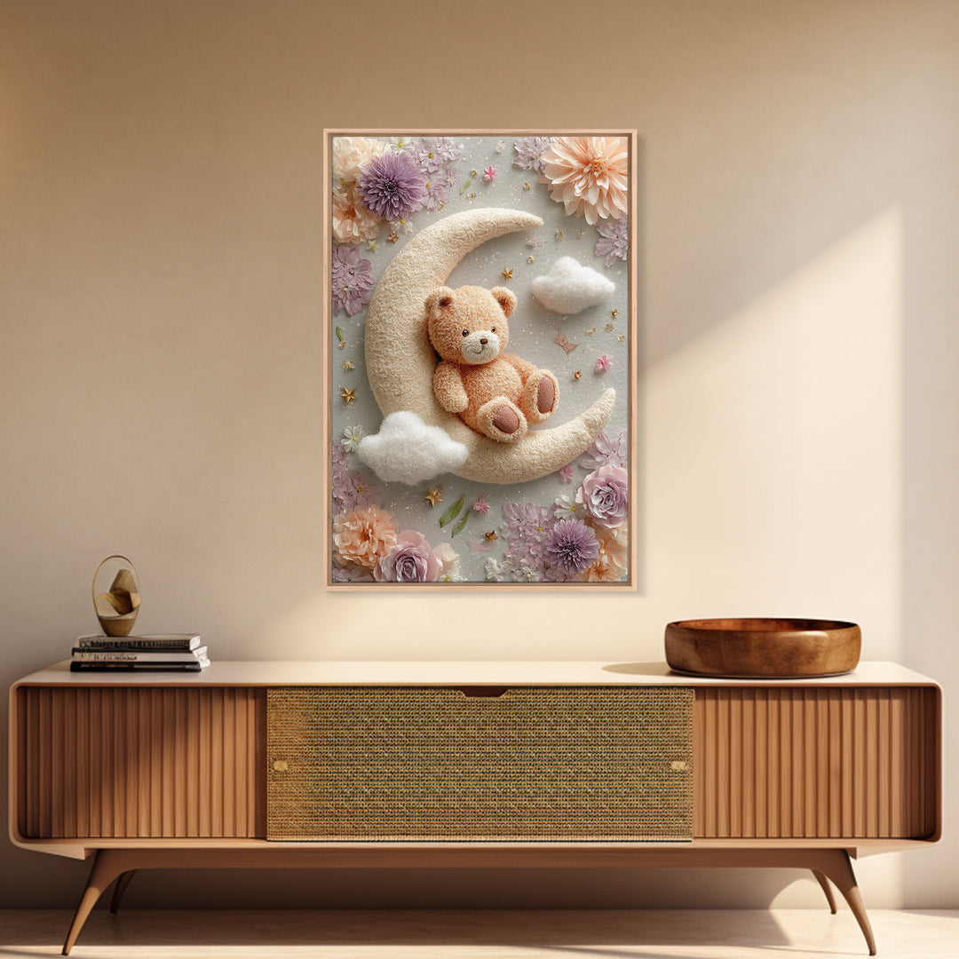 Baby Bear Floating on a Crescent Moon Canvas Print, Nursery Art, Luxury Decor, Nursery Decor, Oil Painting, Nursery, NUR-2x3-14