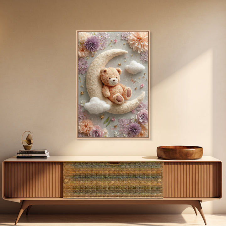 Baby Bear Floating on a Crescent Moon Canvas Print, Nursery Art, Luxury Decor, Nursery Decor, Oil Painting, Nursery, NUR-2x3-14