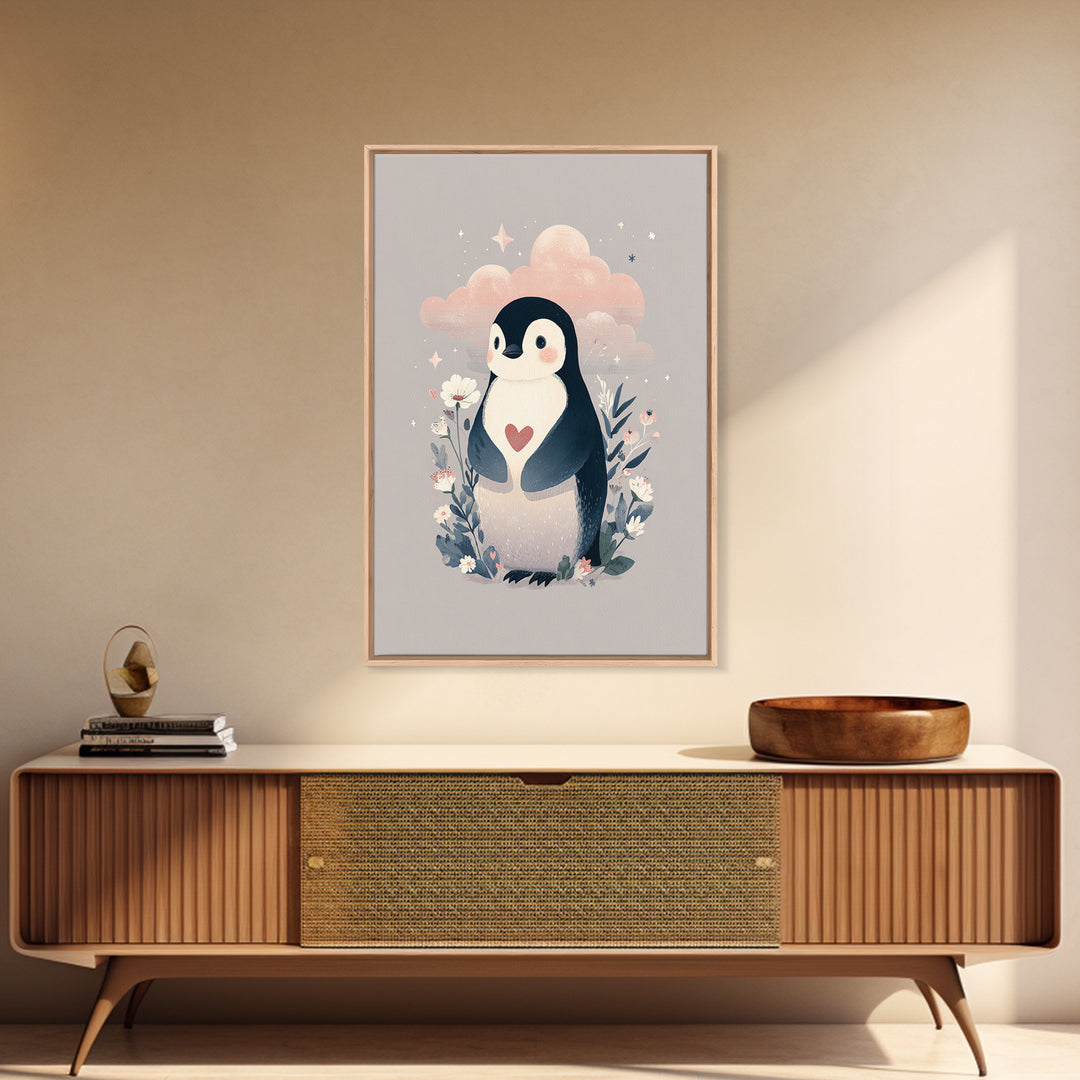 Penguin Holding a Little Heart Shape Framed Canvas Print, Nursery Art, Room Decor, Nursery Decor, Abstract Art, Nursery, NUR-2x3-18