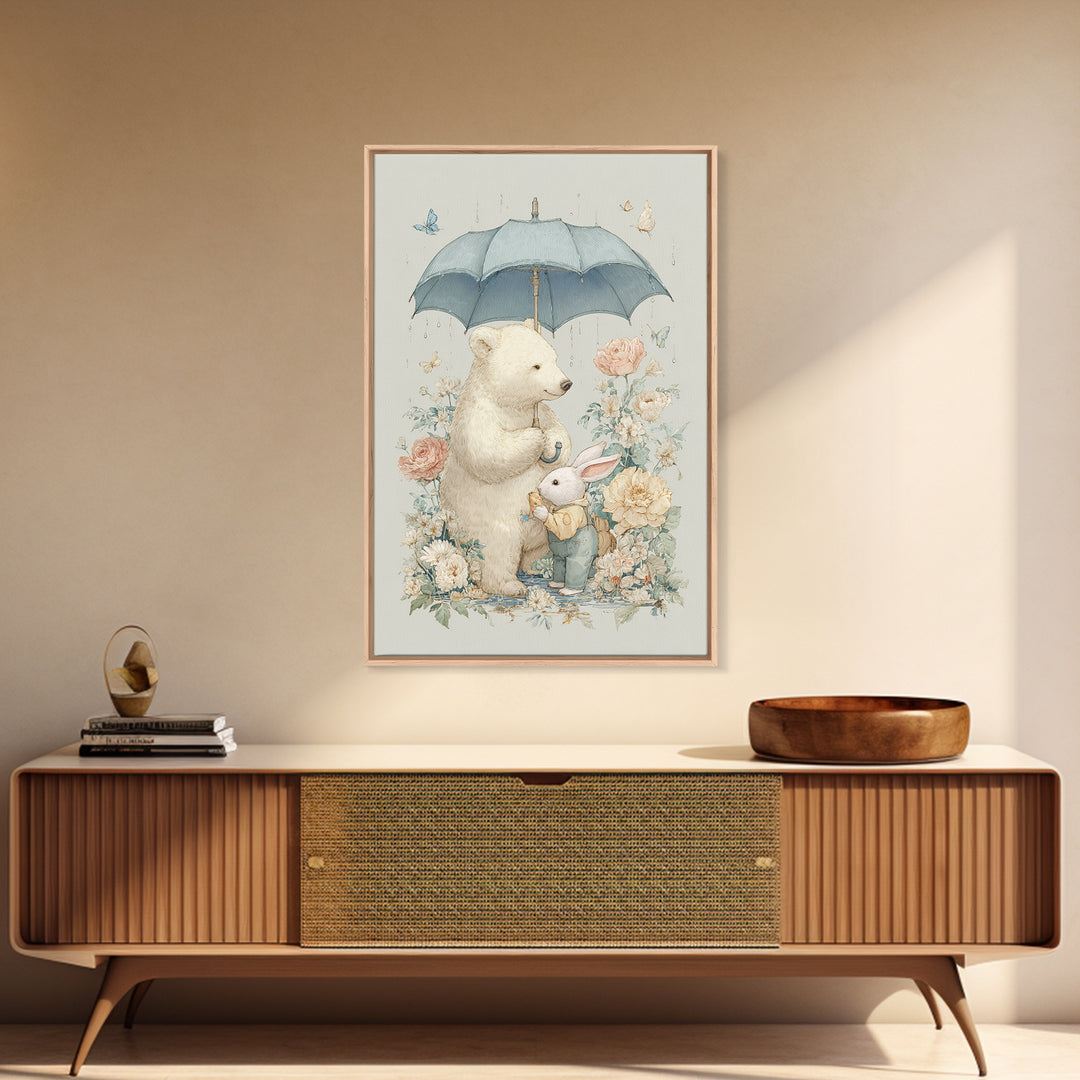 Bear and Rabbit Sharing Umbrella Framed Canvas Print, Nursery Art, Wall Art, Nursery Decor, Fine Art, Nursery, Nursery Prints, NUR-2x3-25