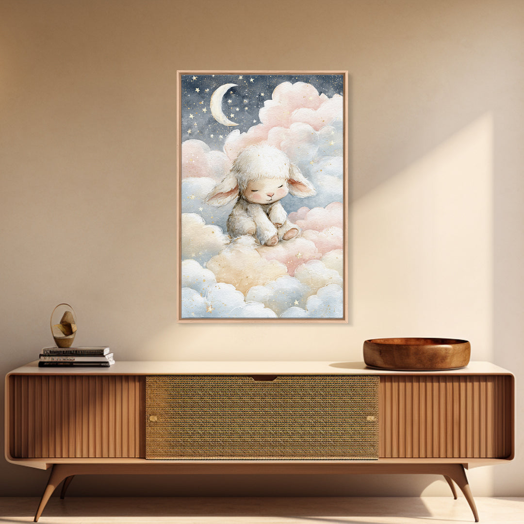 Little Lamb under a Starry Sky Framed Canvas Print, Nursery Art, Kids Room Art, Nursery Decor, Fine Art, Nursery, NUR-2x3-3