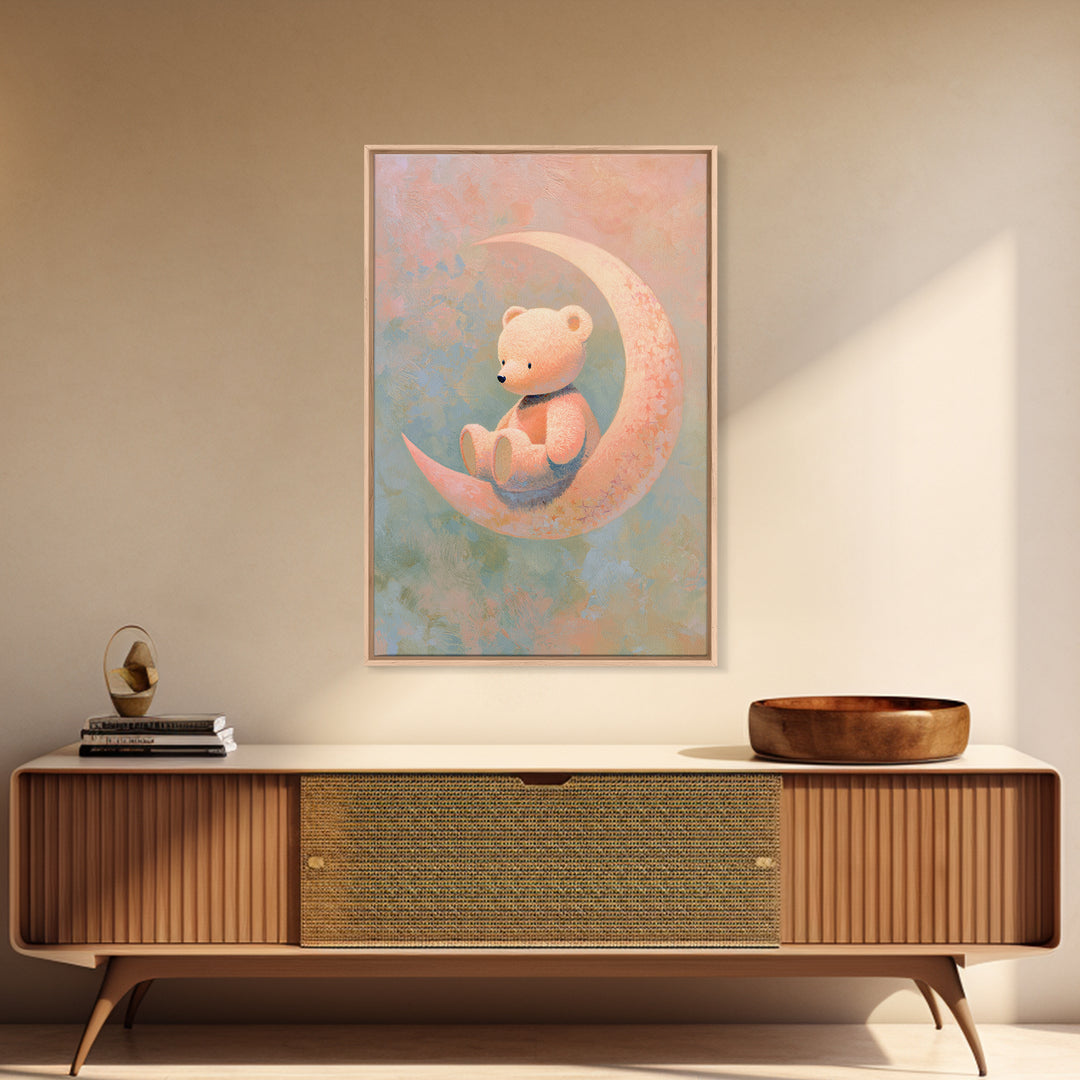Baby Bear Floating on a Crescent Moon Framed Canvas Print, Nursery Art, Wall Art, Nursery Decor, Nursery, Nursery Prints, NUR-2x3-38