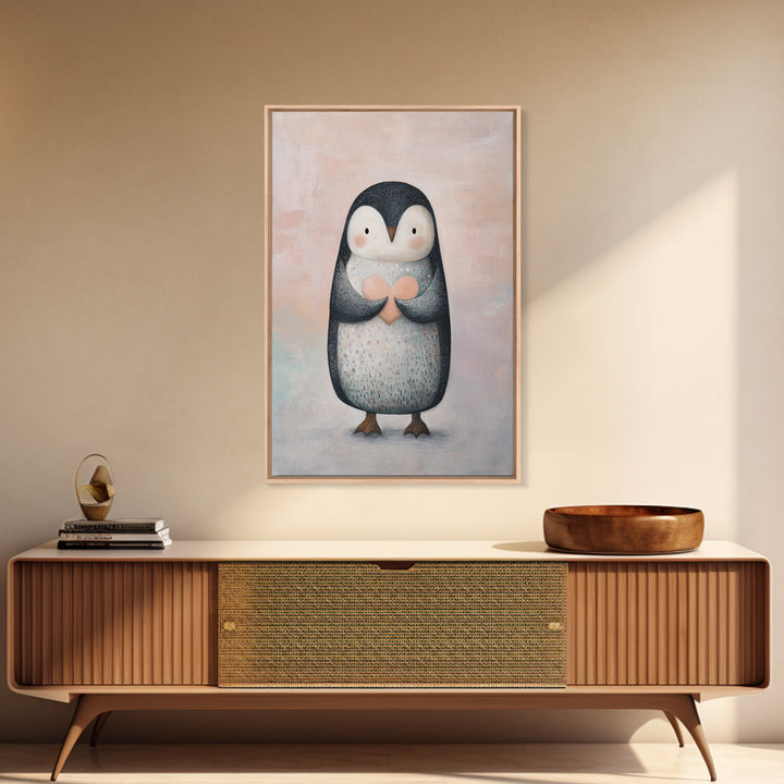 Penguin Holding a Little Heart Shape Framed Canvas Print, Nursery Art, Room Decor, Nursery Decor, Abstract Art, Nursery, NUR-2x3-42
