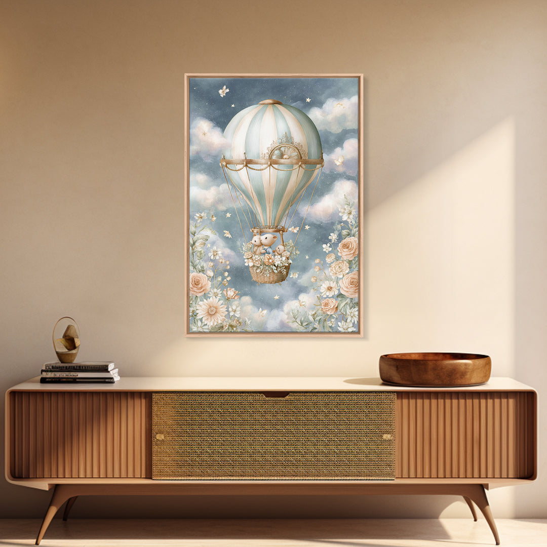 Floating Hot Air Balloon Framed Canvas Print, Nursery Art, Woodland Nursery Art, Nursery Decor, Watercolor Art, Nursery, NUR-2x3-44