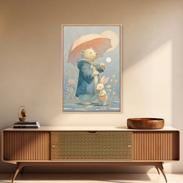 Bear and Rabbit Sharing Umbrella Canvas Print, Nursery Art, Nursery Decor, Fine Art, Nursery, Kids Wall Art, Woodland Nursery, NUR-2x3-49