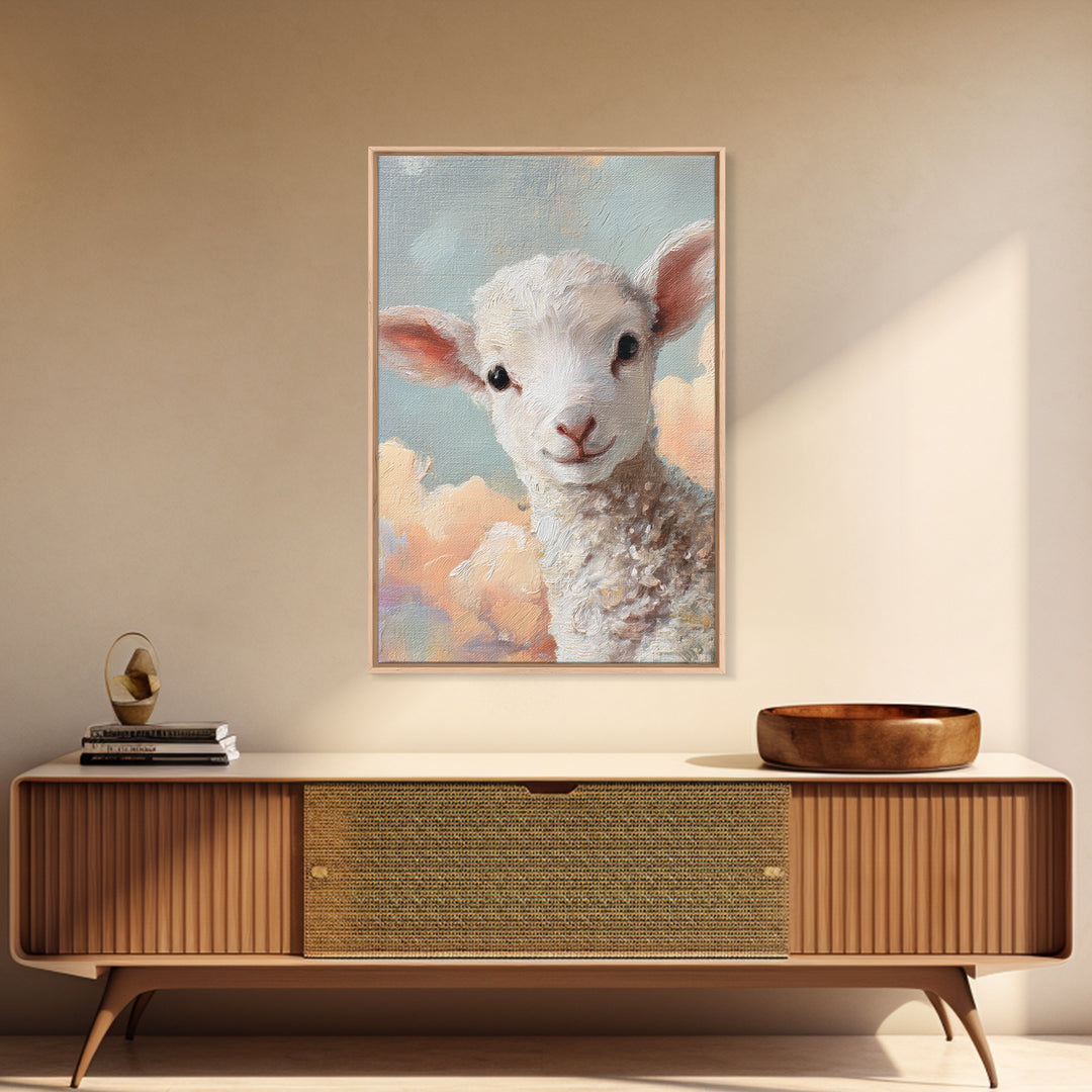 Little Lamb under a Starry Sky Framed Canvas Print, Nursery Art, Room Decor, Nursery Decor, Oil Painting, Nursery, NUR-2x3-51