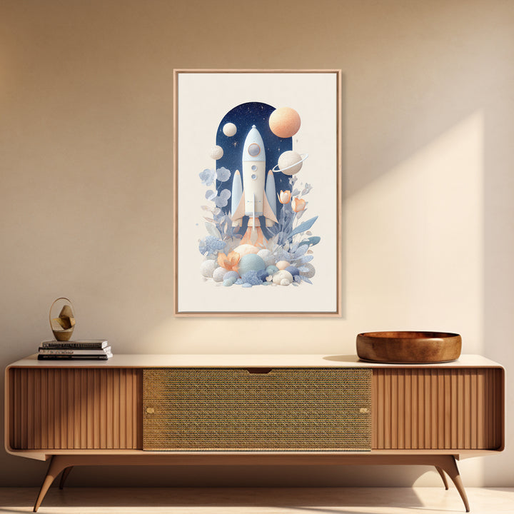 Rocket Ship and Smiling Planets Framed Canvas Print, Nursery Art, Nursery Wall Art, Nursery Decor, Oil Painting, Nursery, NUR-2x3-53