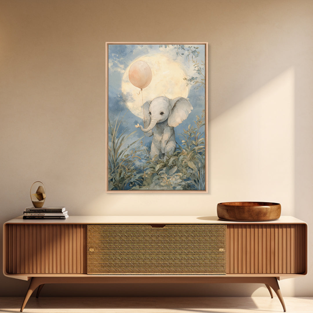 Sleepy Baby Elephant Holding a Tiny Balloon Canvas Print, Nursery Art, Playroom Decor, Nursery Decor, Oil Painting, Nursery, NUR-2x3-57