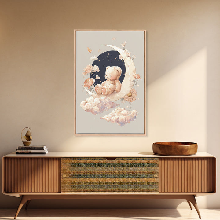 Baby Bear Floating on a Crescent Moon Canvas Print, Nursery Art, Nursery Decor, Abstract Art, Nursery, Kids Wall Art, NUR-2x3-62