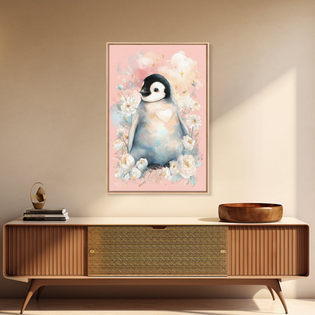 Penguin Holding a Little Heart Shape Canvas Print, Nursery Art, Wall Decor, Nursery Decor, Fine Art, Nursery, Playroom Decor, NUR-2x3-66