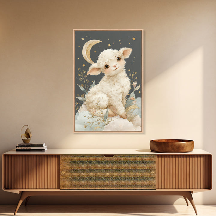 Little Lamb under a Starry Sky Framed Canvas Print, Nursery Art, Nursery Wall Art, Nursery Decor, Nursery, Woodland Nursery, NUR-2x3-75