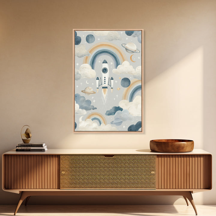 Rocket Ship and Smiling Planets Canvas Print, Nursery Art, Nursery Prints, Nursery Decor, Fine Art, Nursery, Kids Wall Decor, NUR-2x3-77