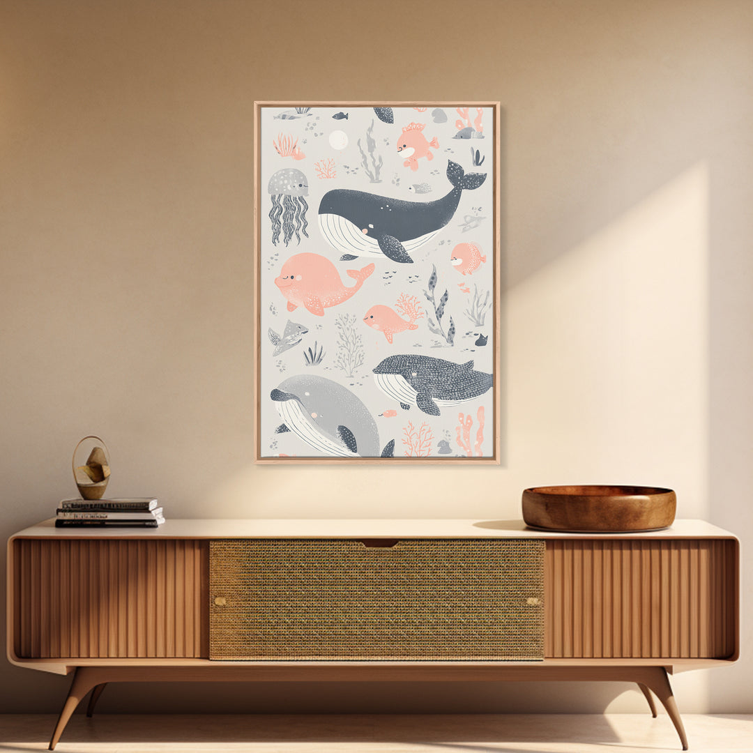 Friendly Ocean Creatures Framed Canvas Print, Nursery Art, Contemporary Art, Nursery Decor, Fine Art, Nursery, Nursery Prints, NUR-2x3-80