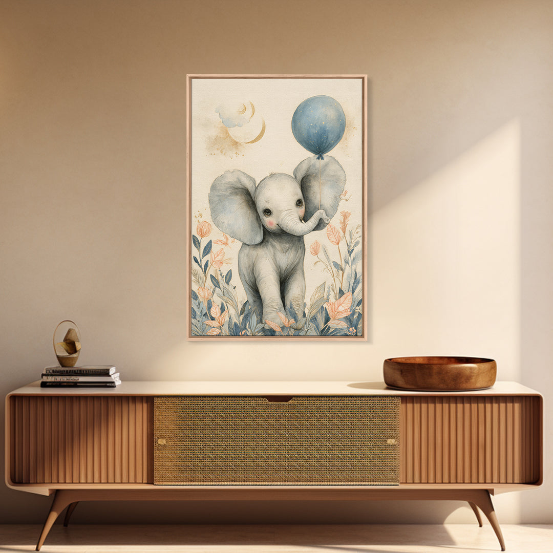 Sleepy Baby Elephant Holding a Tiny Balloon Canvas Print, Nursery Art, Playroom Decor, Nursery Decor, Oil Painting, Nursery, NUR-2x3-81