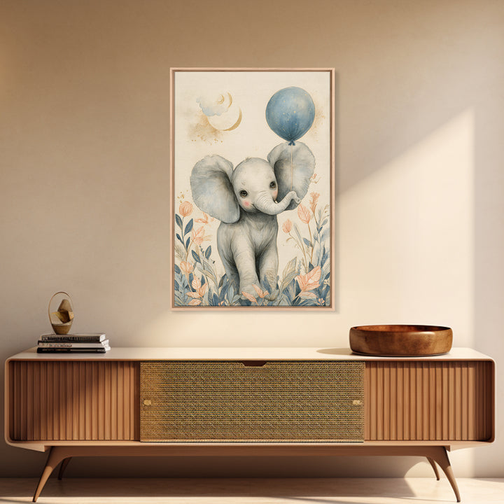 Sleepy Baby Elephant Holding a Tiny Balloon Canvas Print, Nursery Art, Playroom Decor, Nursery Decor, Oil Painting, Nursery, NUR-2x3-81