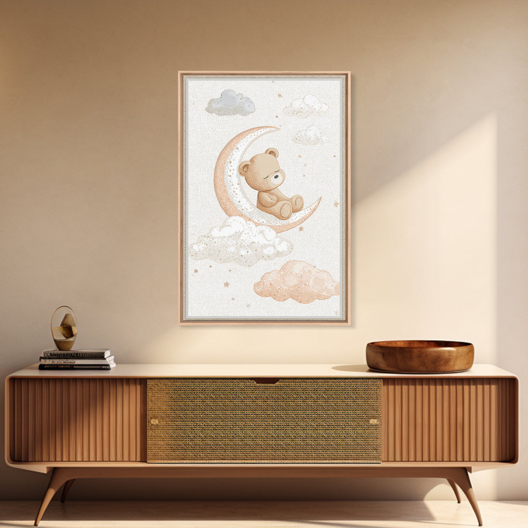 Baby Bear Floating on a Crescent Moon Canvas Print, Nursery Art, Nursery Decor, Abstract Art, Nursery, Kids Wall Art, NUR-2x3-86