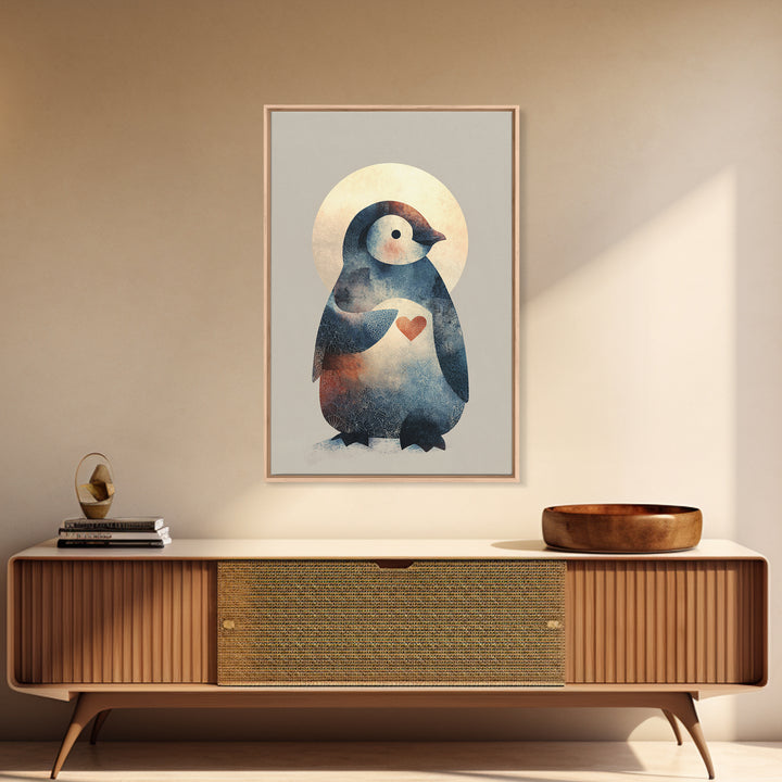 Penguin Holding a Little Heart Shape Framed Canvas Print, Nursery Art, Nursery Wall Art, Nursery Decor, Fine Art, Nursery, NUR-2x3-90