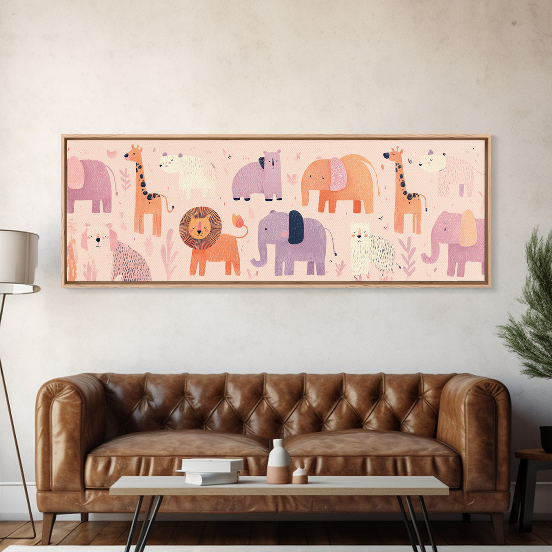 Pastel Jungle Animals Framed Canvas Print, Nursery Art, Wall Decor, Nursery Decor, Fine Art, Nursery, Playroom Decor, NUR-3x1-10