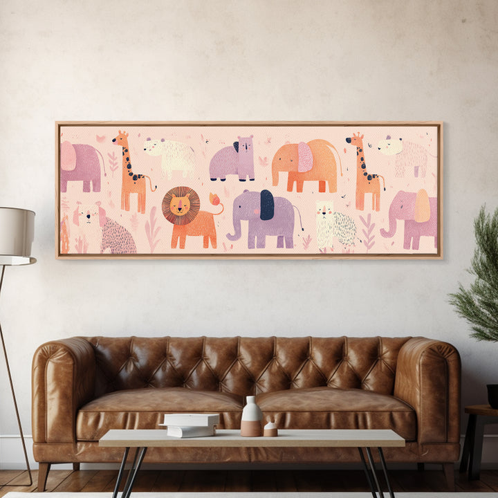 Pastel Jungle Animals Framed Canvas Print, Nursery Art, Wall Decor, Nursery Decor, Fine Art, Nursery, Playroom Decor, NUR-3x1-10