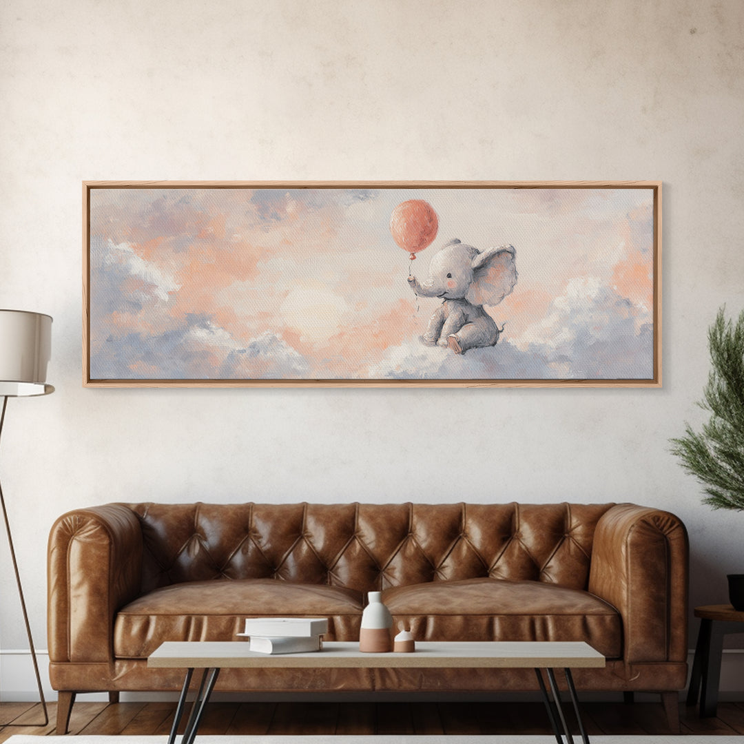 Sleepy Baby Elephant Holding a Tiny Balloon Framed Canvas Print, Nursery Art, Digital Download Art, Nursery Decor, Nursery, NUR-3x1-17
