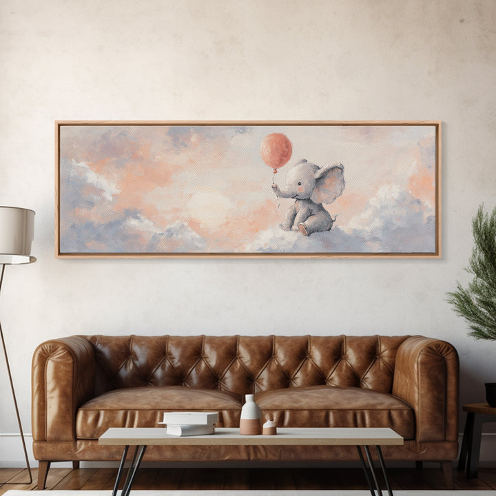 Sleepy Baby Elephant Holding a Tiny Balloon Framed Canvas Print, Nursery Art, Digital Download Art, Nursery Decor, Nursery, NUR-3x1-17