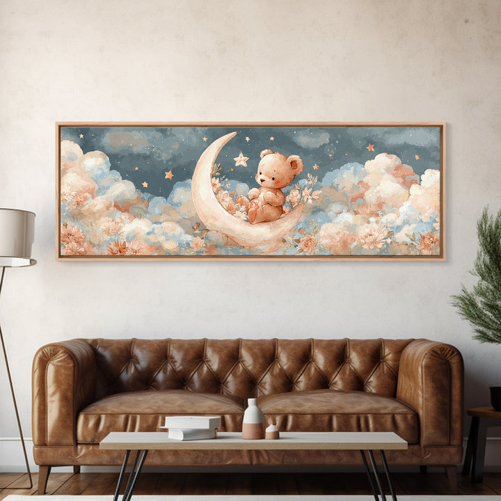 Baby Bear Floating on a Crescent Moon Canvas Print, Nursery Art, Boho Decor, Nursery Decor, Abstract Art, Nursery, NUR-3x1-22