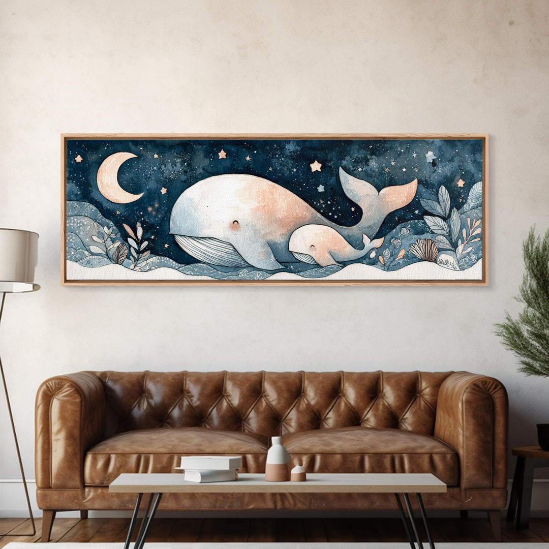Whale and Tiny Stars Canvas Print, Nursery Art, Dinosaur Wall Art, Nursery Decor, Fine Art, Nursery, Room Decor, NUR-3x1-24
