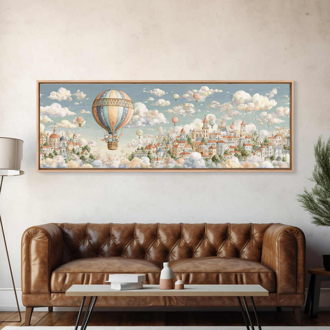 Floating Hot Air Balloon Framed Canvas Print, Nursery Art, Kids Room Art, Nursery Decor, Oil Painting, Nursery, NUR-3x1-28