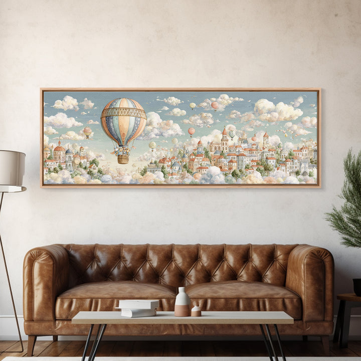 Floating Hot Air Balloon Framed Canvas Print, Nursery Art, Kids Room Art, Nursery Decor, Oil Painting, Nursery, NUR-3x1-28