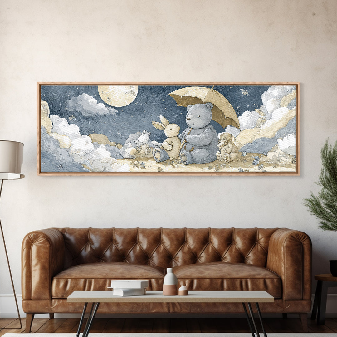 Bear and Rabbit Sharing Umbrella Canvas Print, Nursery Art, Girl Nursery Decor, Nursery Decor, Fine Art, Nursery, Kids Room Art, NUR-3x1-33