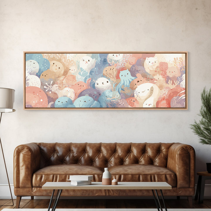 Friendly Ocean Creatures Canvas Print, Nursery Art, Home Decor, Nursery Decor, Oil Painting, Nursery, Contemporary Art, NUR-3x1-40