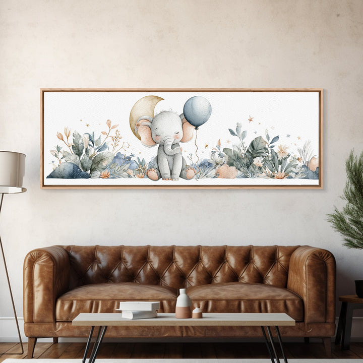 Sleepy Baby Elephant Holding a Tiny Balloon Canvas Print, Nursery Art, Playroom Wall Art, Nursery Decor, Watercolor Art, NUR-3x1-41