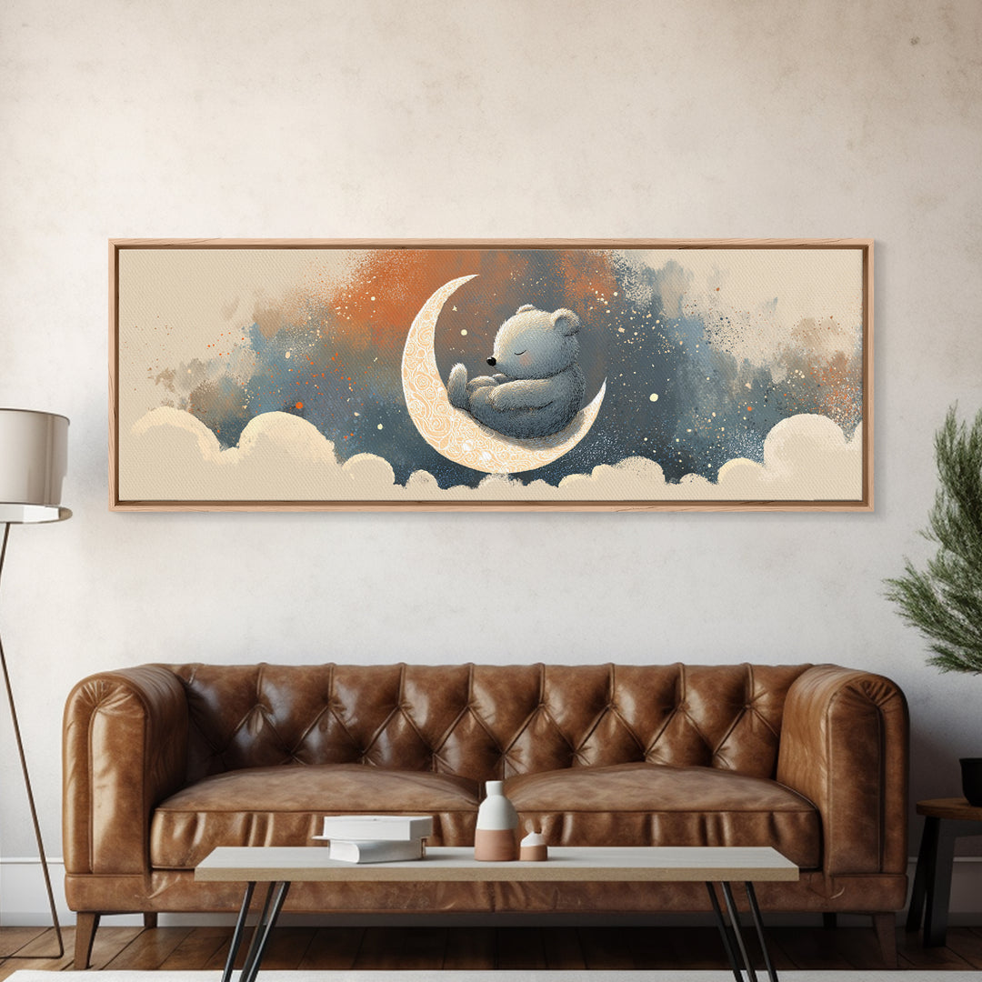 Baby Bear Floating on a Crescent Moon Canvas Print, Nursery Art, Girl Nursery Decor, Nursery Decor, Fine Art, Nursery, NUR-3x1-46