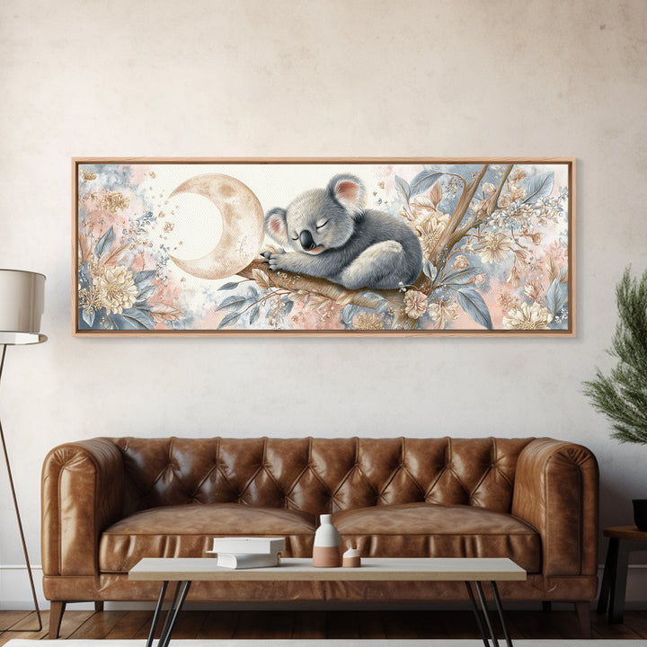 Sleeping Koala on Eucalyptus Branch Framed Canvas Print, Nursery Art, Watercolor Print, Nursery Decor, Oil Painting, Nursery, NUR-3x1-53