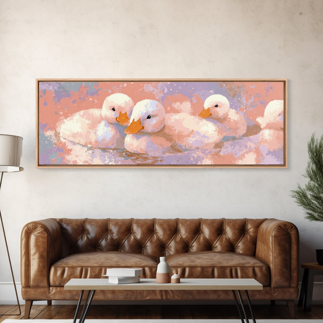 Ducklings Following a Mother Duck Canvas Print, Nursery Art, Playroom Wall Art, Nursery Decor, Nursery, Statement Artwork, NUR-3x1-54