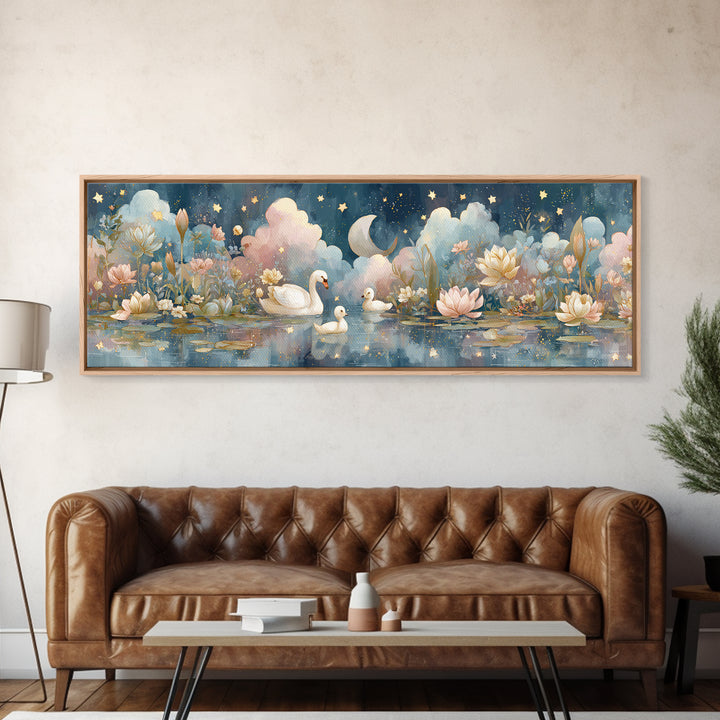 Swan and Cygnet Framed Canvas Print, Nursery Art, Textured Painting, Nursery Decor, Fine Art, Nursery, Wall Art Print, NUR-3x1-56